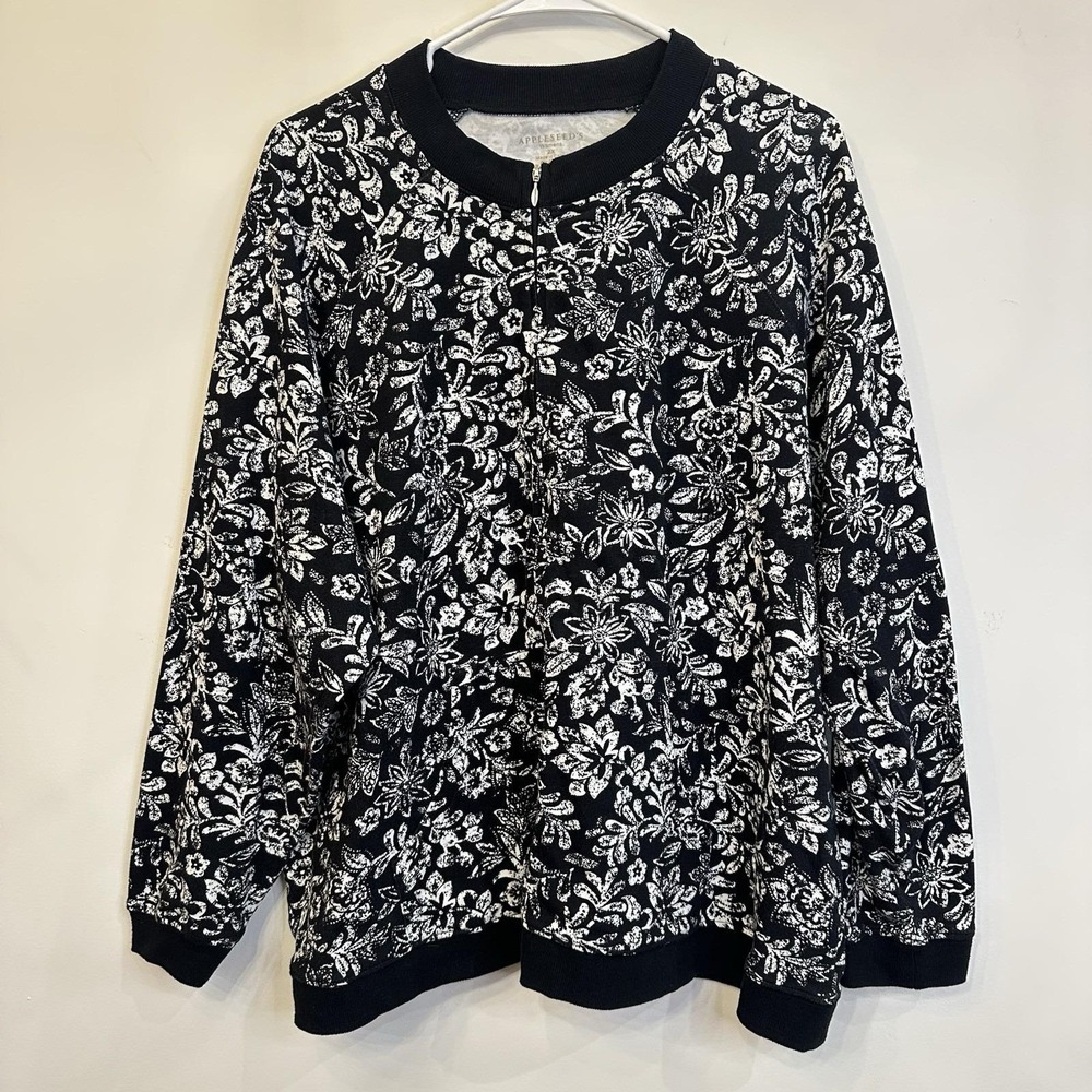 Women's Appleseeds Zip Up Sweatshirt Jacket‎ 100% Cotton Black Paisley Floral 2X